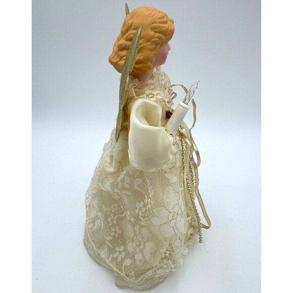 Vintage 10" Angel Tree Topper Lace Dress & Gold Wings Electric Lighted Figurine - Picture 4 of 9